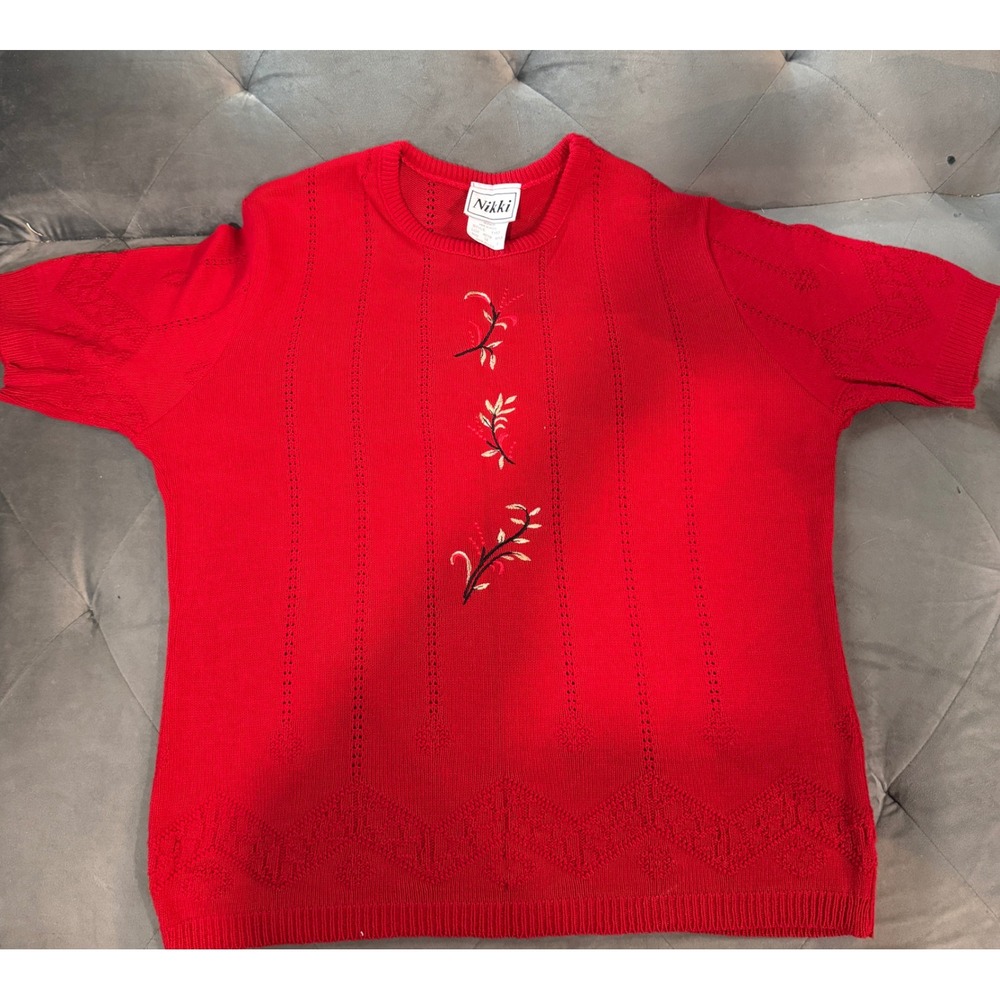 Nikki Red Short Sleeve Knit Sweater Floral Embroidered Pointelle Vintage Medium